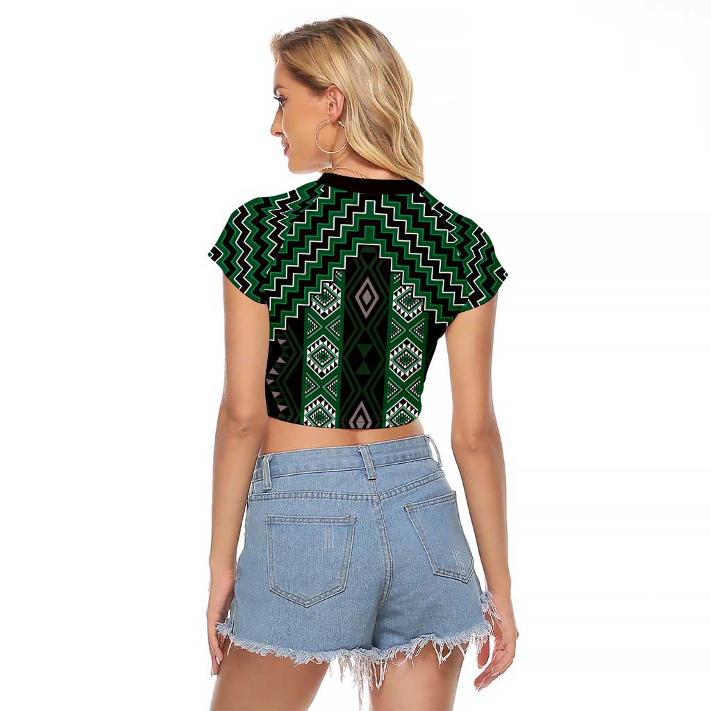 New Zealand Aotearoa Raglan Cropped T Shirt Green Poutama With Taniko Pattern LT05 - Polynesian Pride