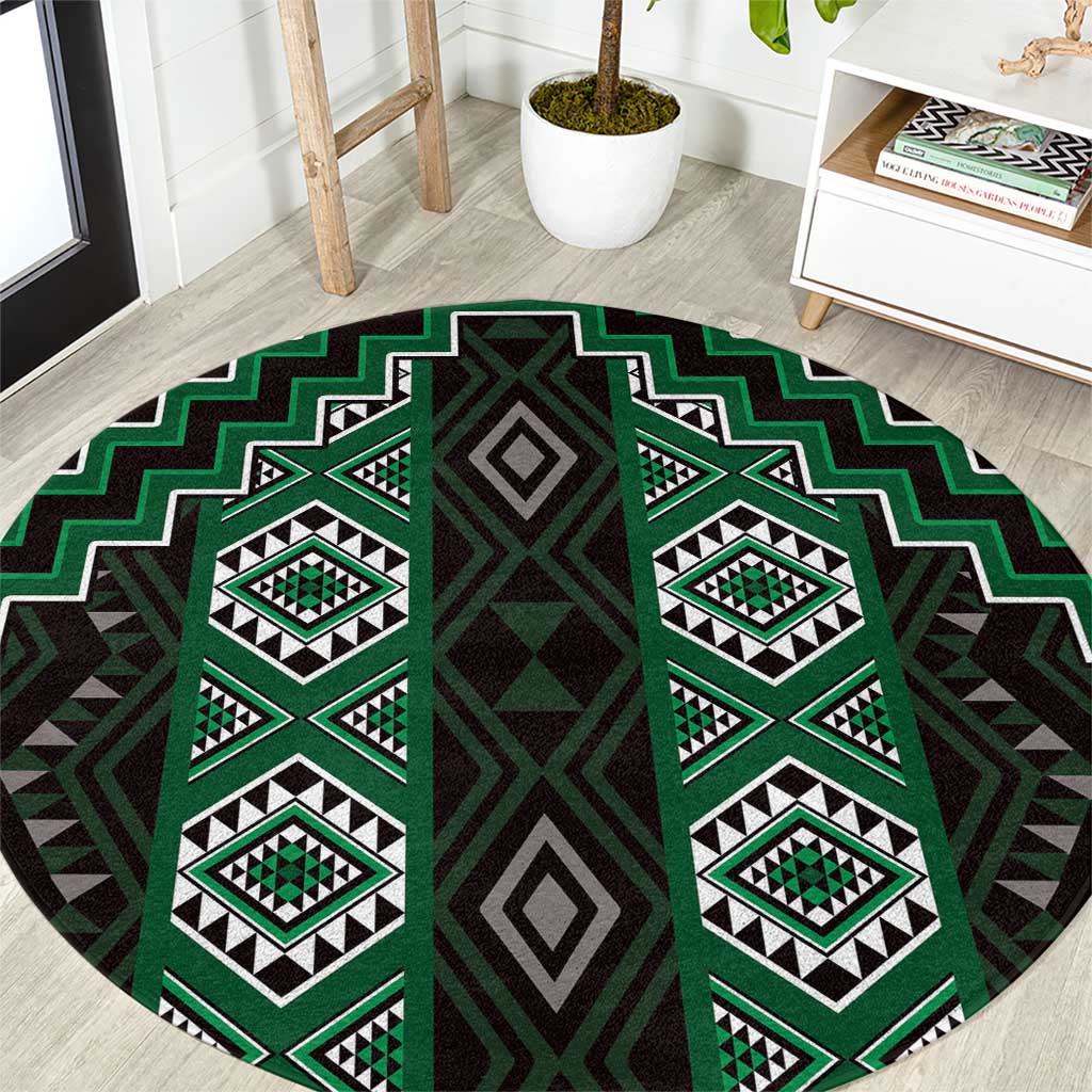 New Zealand Aotearoa Round Carpet Green Poutama With Taniko Pattern LT05