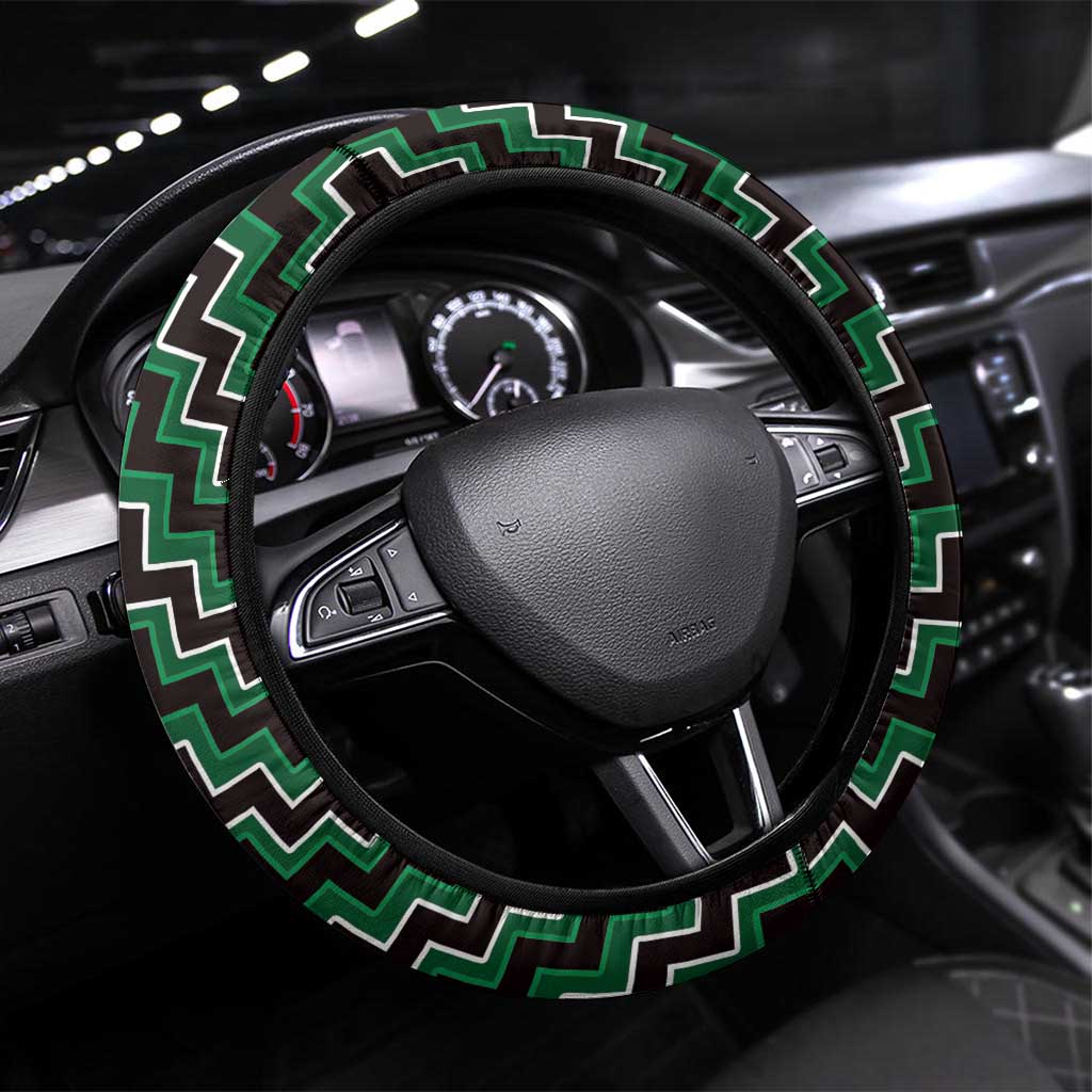 New Zealand Aotearoa Steering Wheel Cover Green Poutama With Taniko Pattern LT05 Universal Fit Green - Polynesian Pride