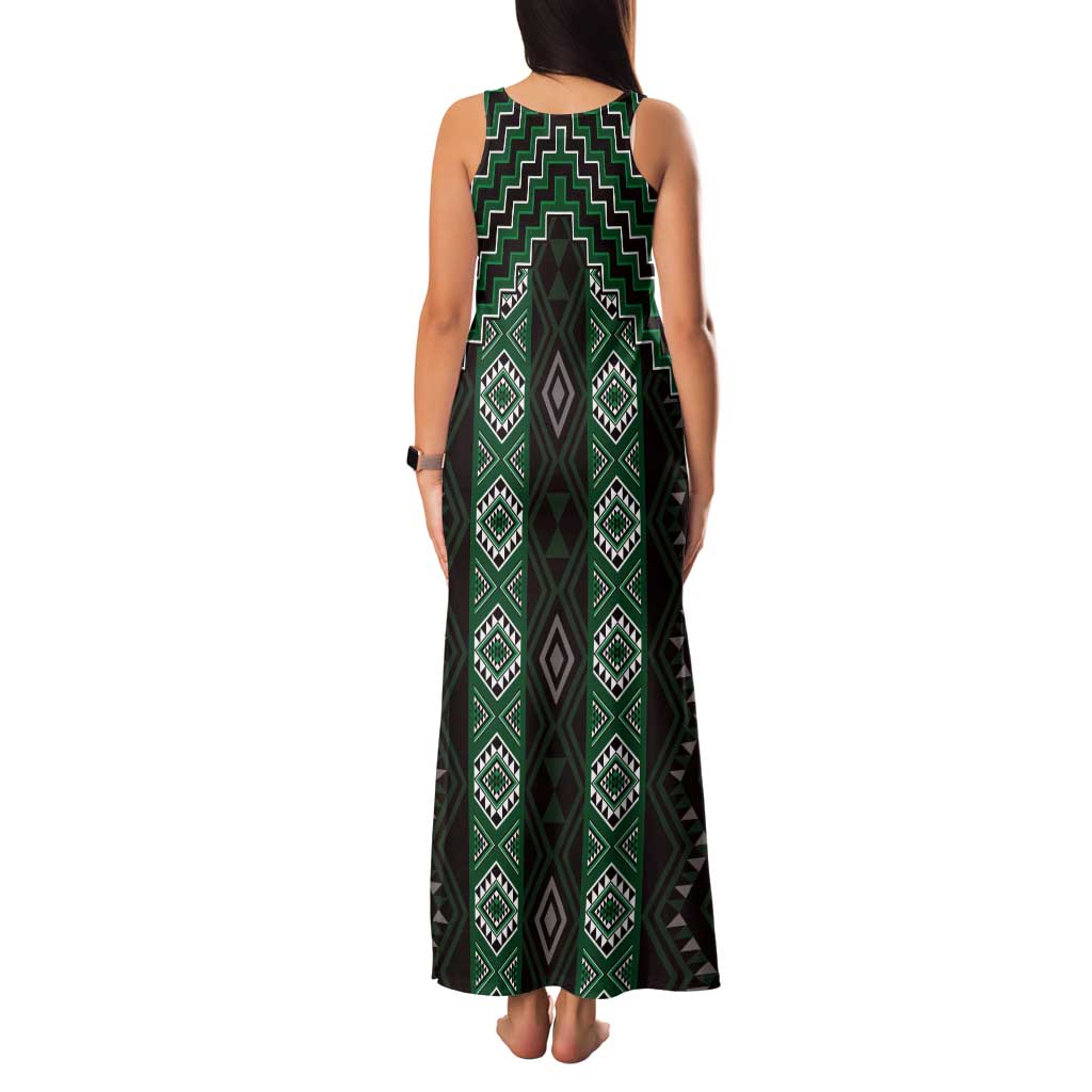 New Zealand Aotearoa Tank Maxi Dress Green Poutama With Taniko Pattern LT05