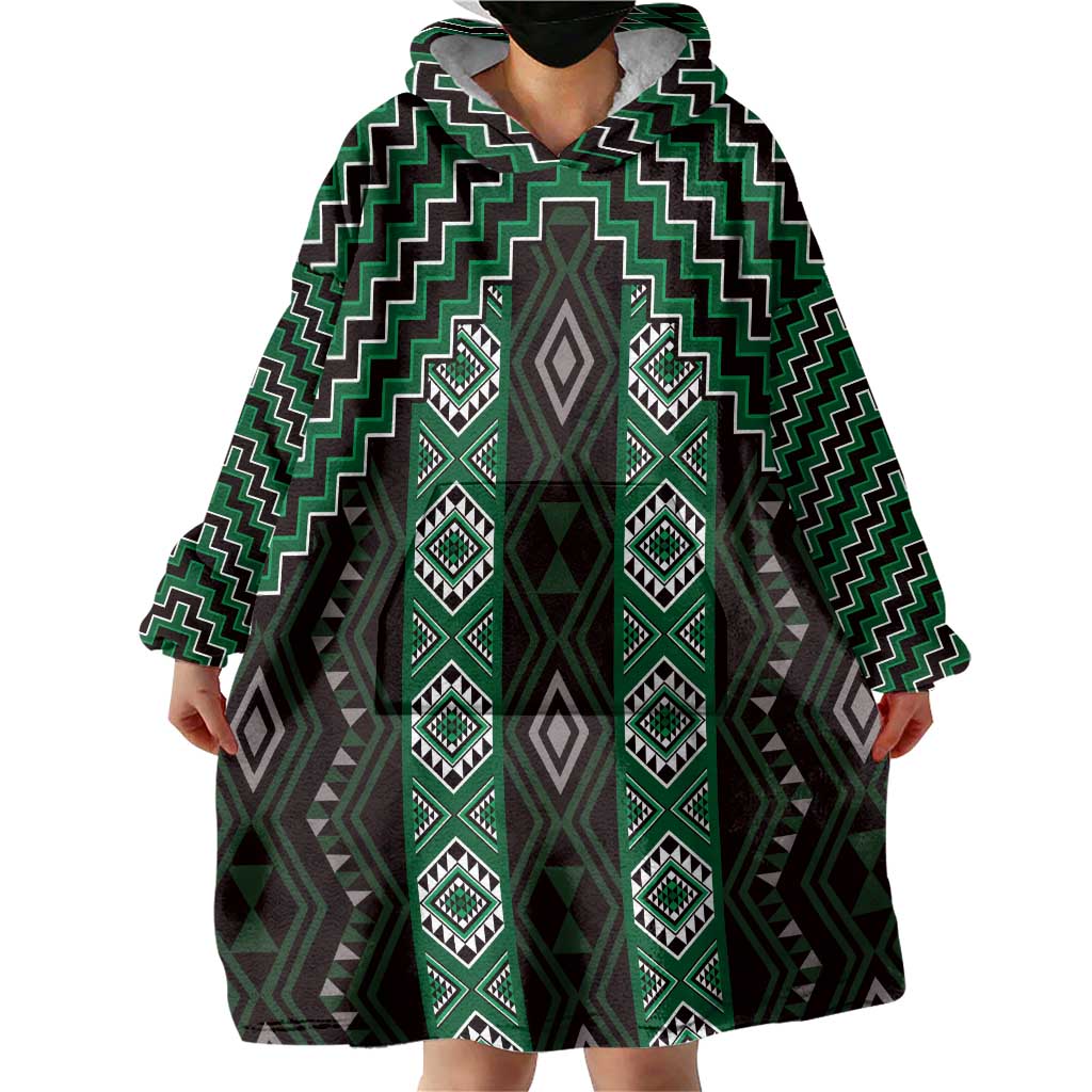 New Zealand Aotearoa Wearable Blanket Hoodie Green Poutama With Taniko Pattern LT05 - Polynesian Pride