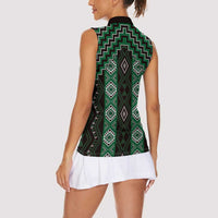 New Zealand Aotearoa Women Sleeveless Polo Shirt Green Poutama With Taniko Pattern LT05 - Polynesian Pride