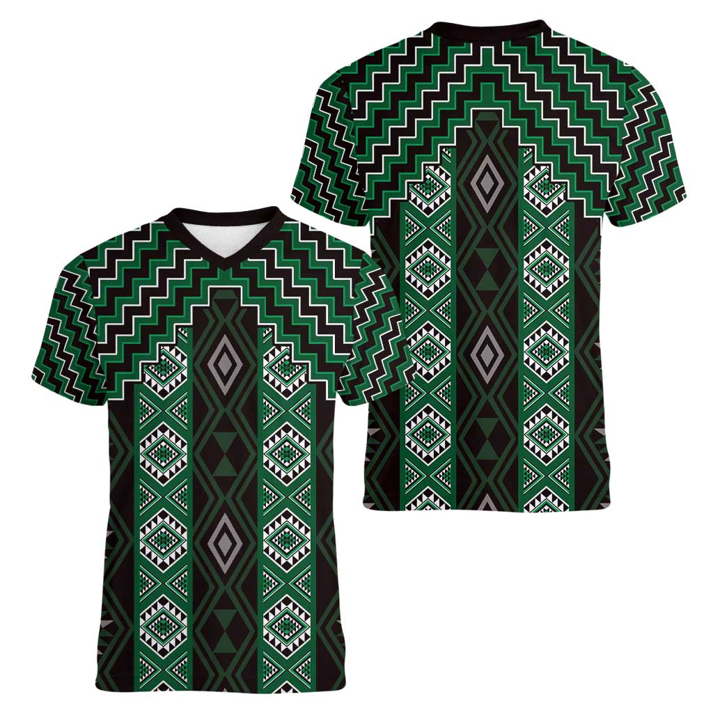 New Zealand Aotearoa Women V-Neck T-Shirt Green Poutama With Taniko Pattern LT05 - Polynesian Pride