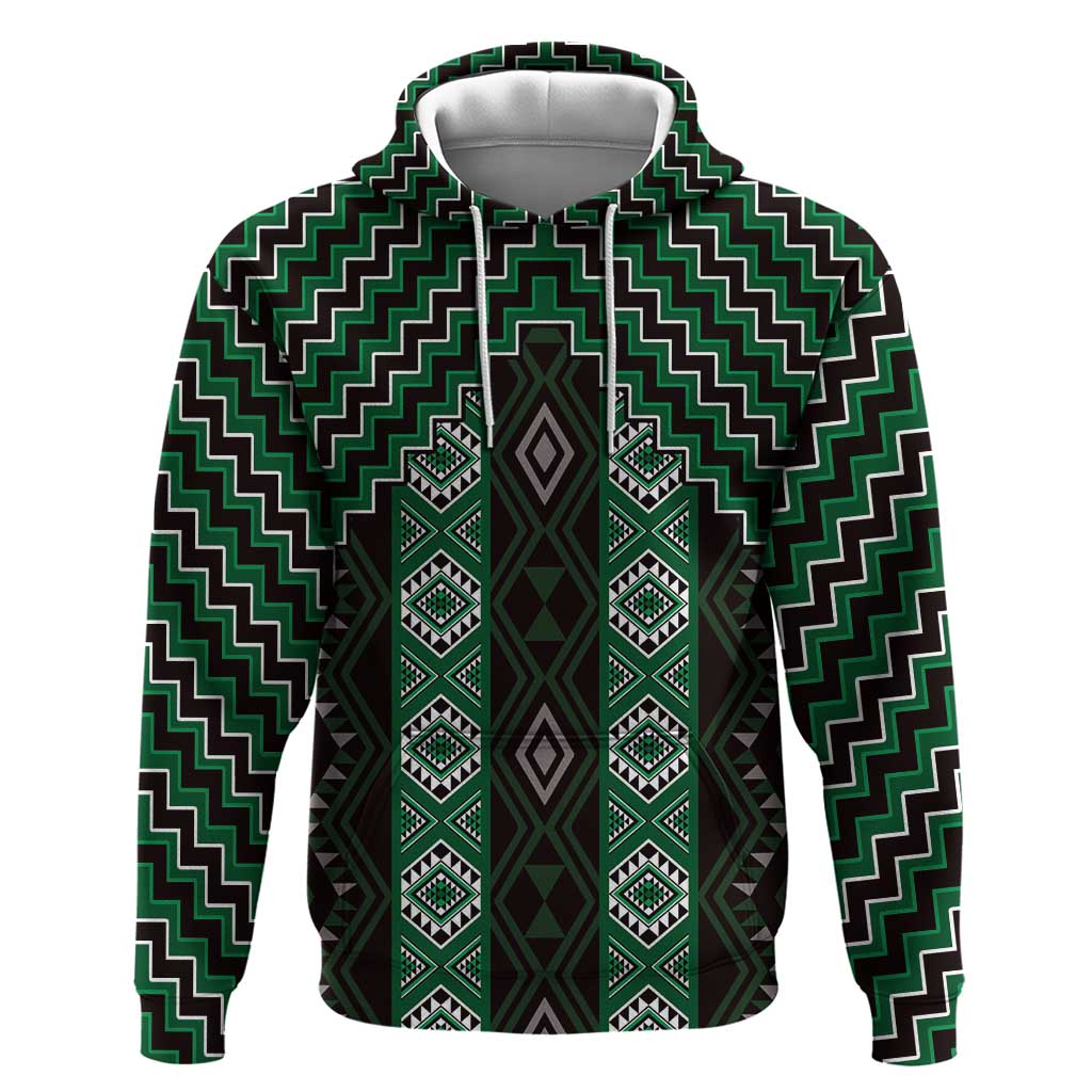 New Zealand Aotearoa Zip Hoodie Green Poutama With Taniko Pattern LT05