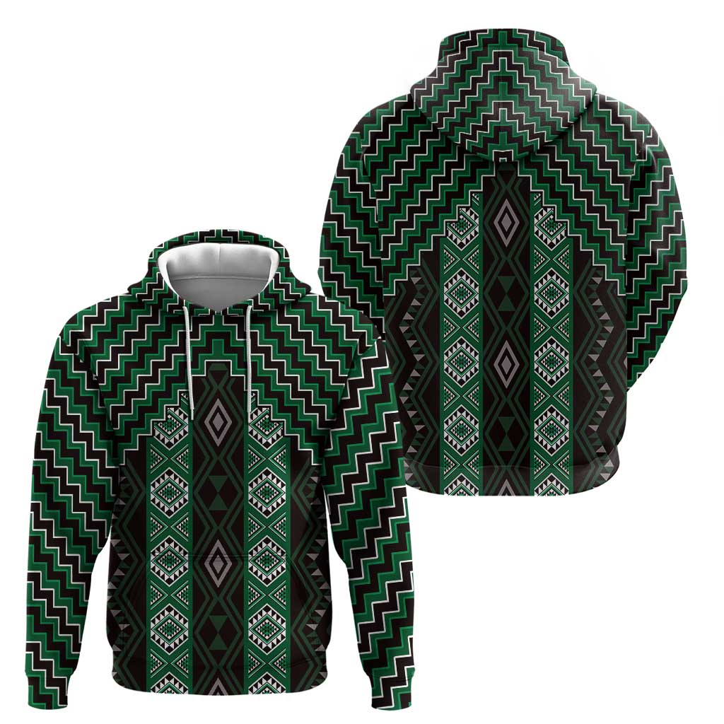 New Zealand Aotearoa Zip Hoodie Green Poutama With Taniko Pattern LT05