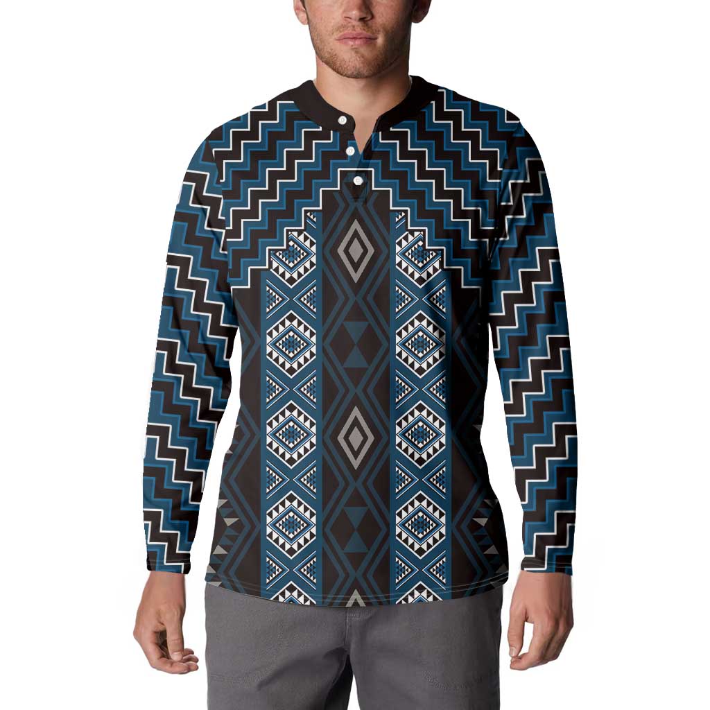 New Zealand Aotearoa Button Sweatshirt Blue Poutama With Taniko Pattern LT05 - Polynesian Pride