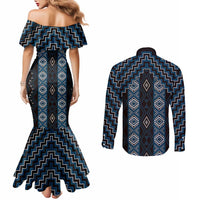 New Zealand Aotearoa Couples Matching Mermaid Dress and Long Sleeve Button Shirt Blue Poutama With Taniko Pattern LT05 - Polynesian Pride