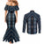 New Zealand Aotearoa Couples Matching Mermaid Dress and Long Sleeve Button Shirt Blue Poutama With Taniko Pattern LT05