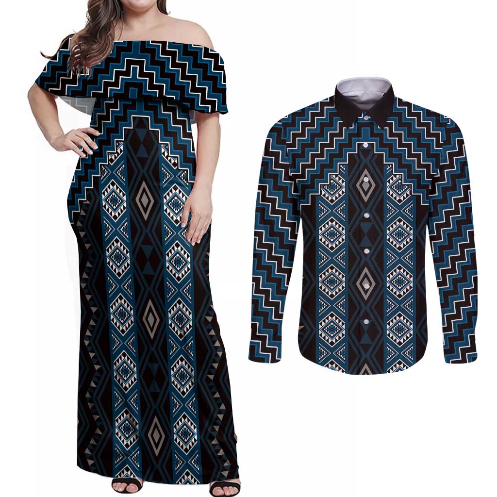 New Zealand Aotearoa Couples Matching Off Shoulder Maxi Dress and Long Sleeve Button Shirt Blue Poutama With Taniko Pattern LT05 Blue - Polynesian Pride