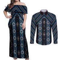New Zealand Aotearoa Couples Matching Off Shoulder Maxi Dress and Long Sleeve Button Shirt Blue Poutama With Taniko Pattern LT05 Blue - Polynesian Pride