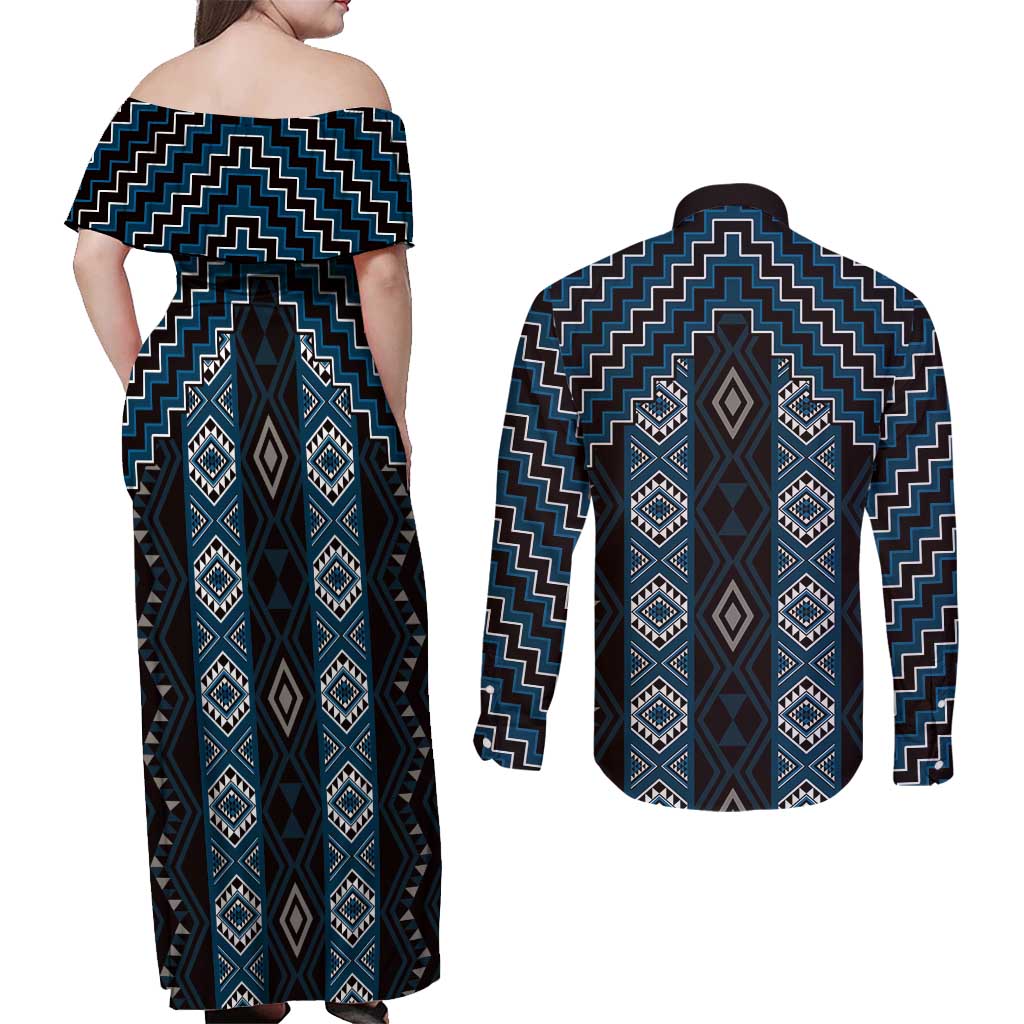 New Zealand Aotearoa Couples Matching Off Shoulder Maxi Dress and Long Sleeve Button Shirt Blue Poutama With Taniko Pattern LT05 - Polynesian Pride