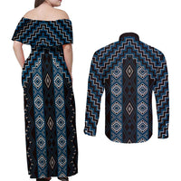 New Zealand Aotearoa Couples Matching Off Shoulder Maxi Dress and Long Sleeve Button Shirt Blue Poutama With Taniko Pattern LT05 - Polynesian Pride