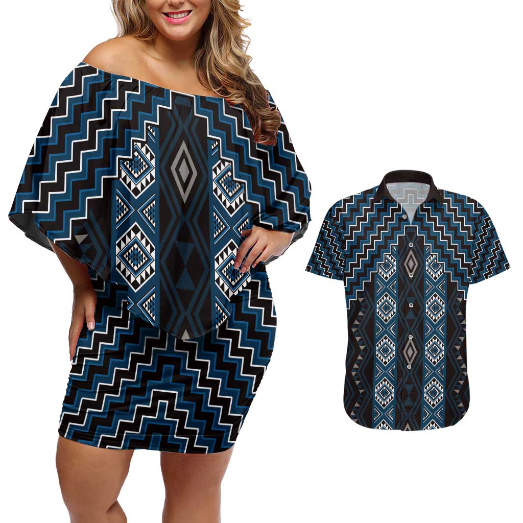 New Zealand Aotearoa Couples Matching Off Shoulder Short Dress and Hawaiian Shirt Blue Poutama With Taniko Pattern LT05 Blue - Polynesian Pride