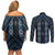 New Zealand Aotearoa Couples Matching Off Shoulder Short Dress and Long Sleeve Button Shirt Blue Poutama With Taniko Pattern LT05