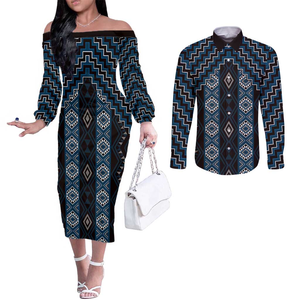 New Zealand Aotearoa Couples Matching Off The Shoulder Long Sleeve Dress and Long Sleeve Button Shirt Blue Poutama With Taniko Pattern LT05 Blue - Polynesian Pride