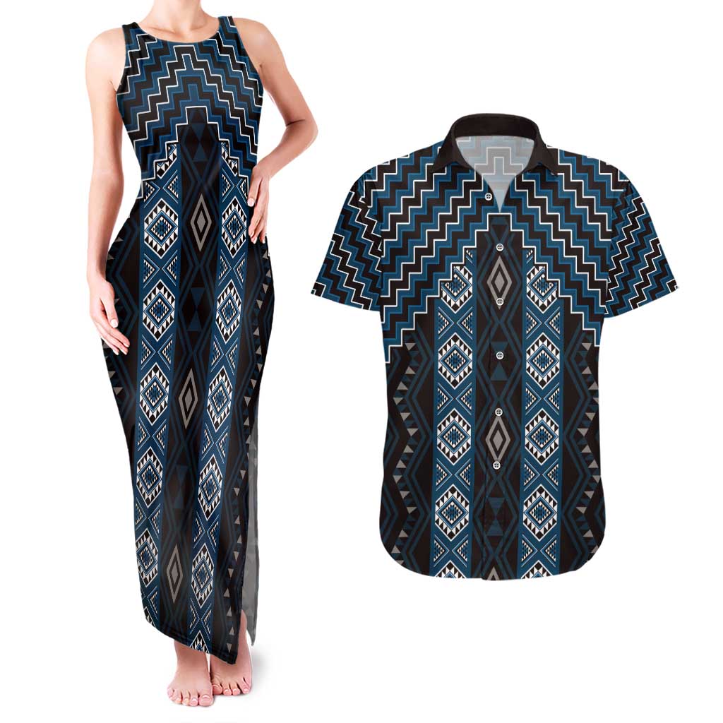 New Zealand Aotearoa Couples Matching Tank Maxi Dress and Hawaiian Shirt Blue Poutama With Taniko Pattern LT05 Blue - Polynesian Pride