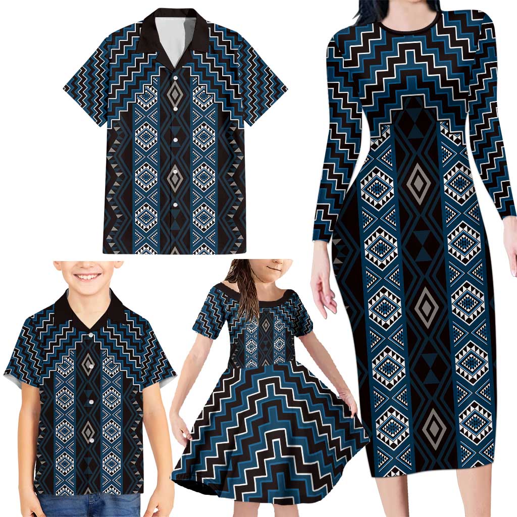 New Zealand Aotearoa Family Matching Long Sleeve Bodycon Dress and Hawaiian Shirt Blue Poutama With Taniko Pattern LT05