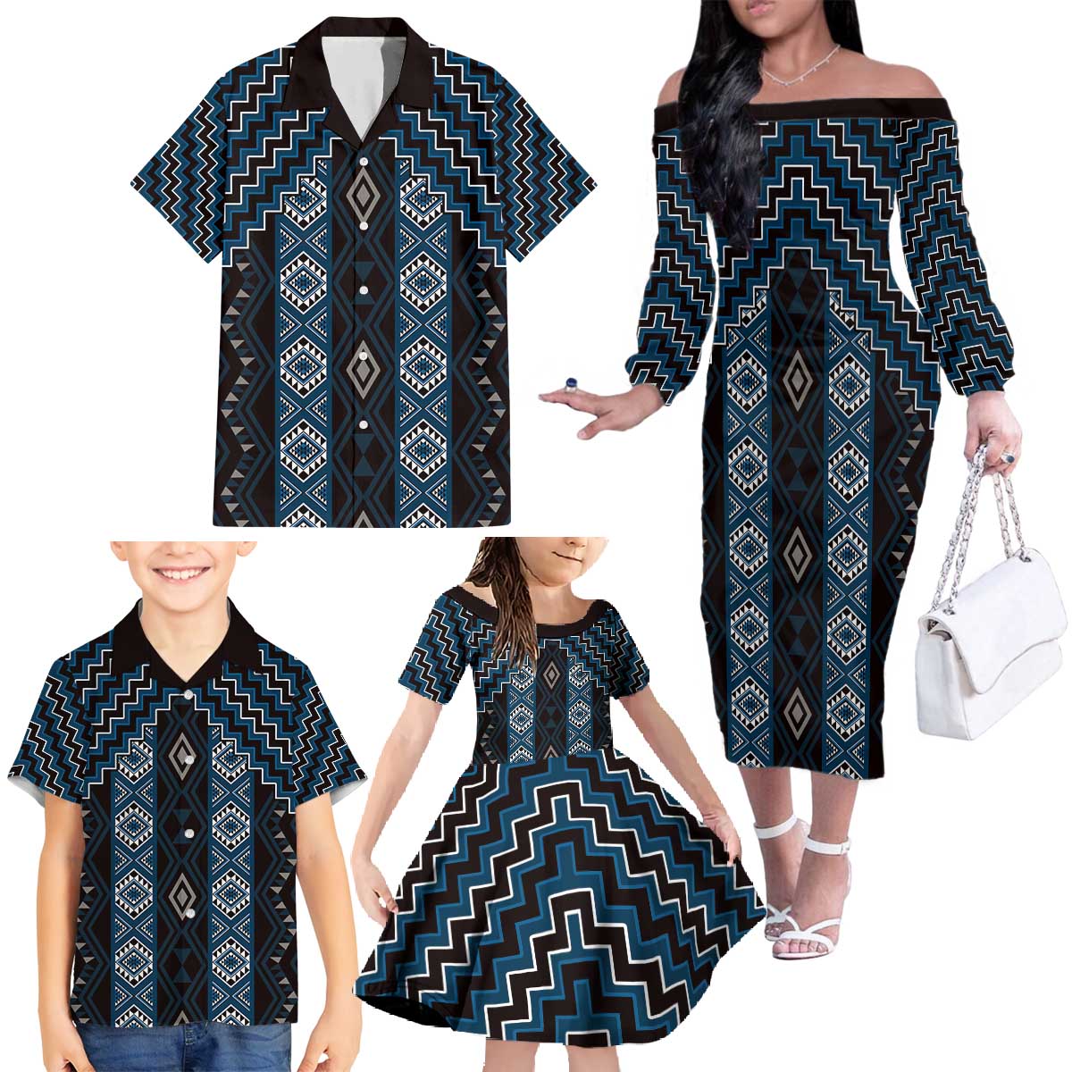 New Zealand Aotearoa Family Matching Off The Shoulder Long Sleeve Dress and Hawaiian Shirt Blue Poutama With Taniko Pattern LT05