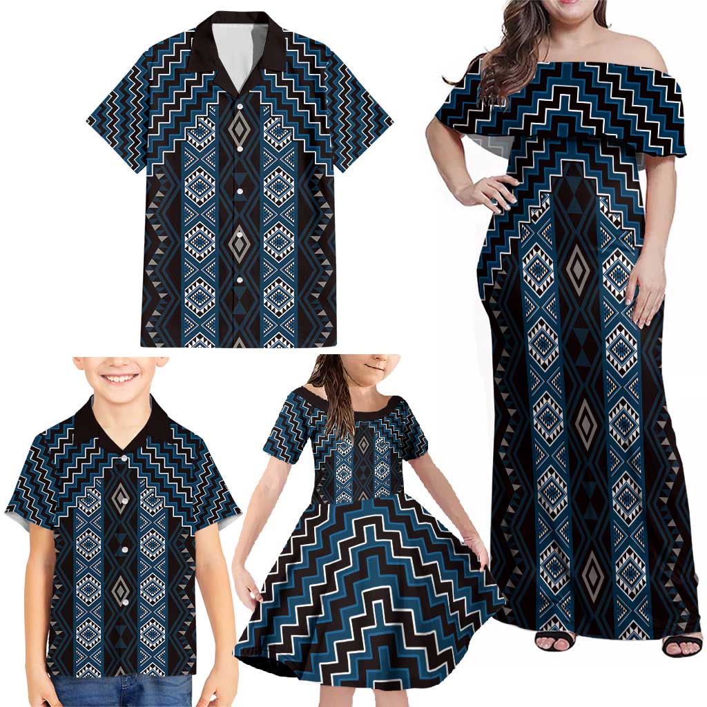 New Zealand Aotearoa Family Matching Off Shoulder Maxi Dress and Hawaiian Shirt Blue Poutama With Taniko Pattern LT05