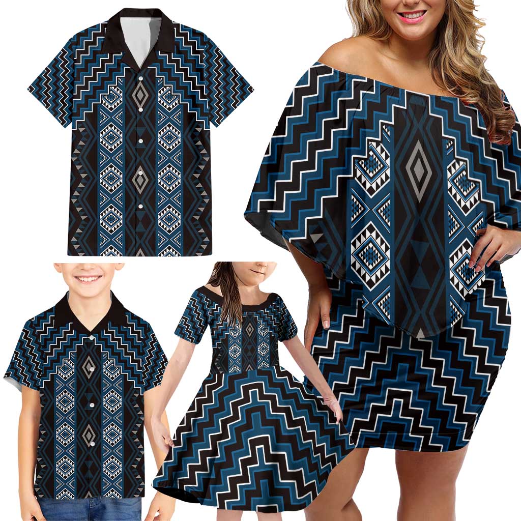 New Zealand Aotearoa Family Matching Off Shoulder Short Dress and Hawaiian Shirt Blue Poutama With Taniko Pattern LT05