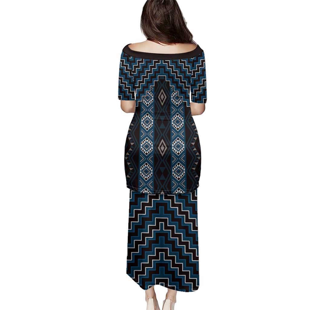 New Zealand Aotearoa Family Matching Puletasi and Hawaiian Shirt Blue Poutama With Taniko Pattern LT05