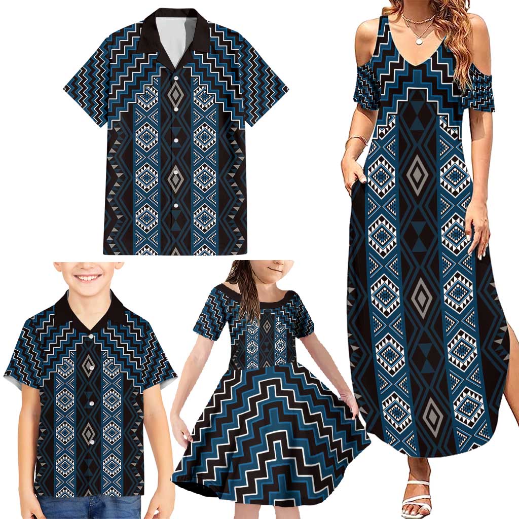 New Zealand Aotearoa Family Matching Summer Maxi Dress and Hawaiian Shirt Blue Poutama With Taniko Pattern LT05