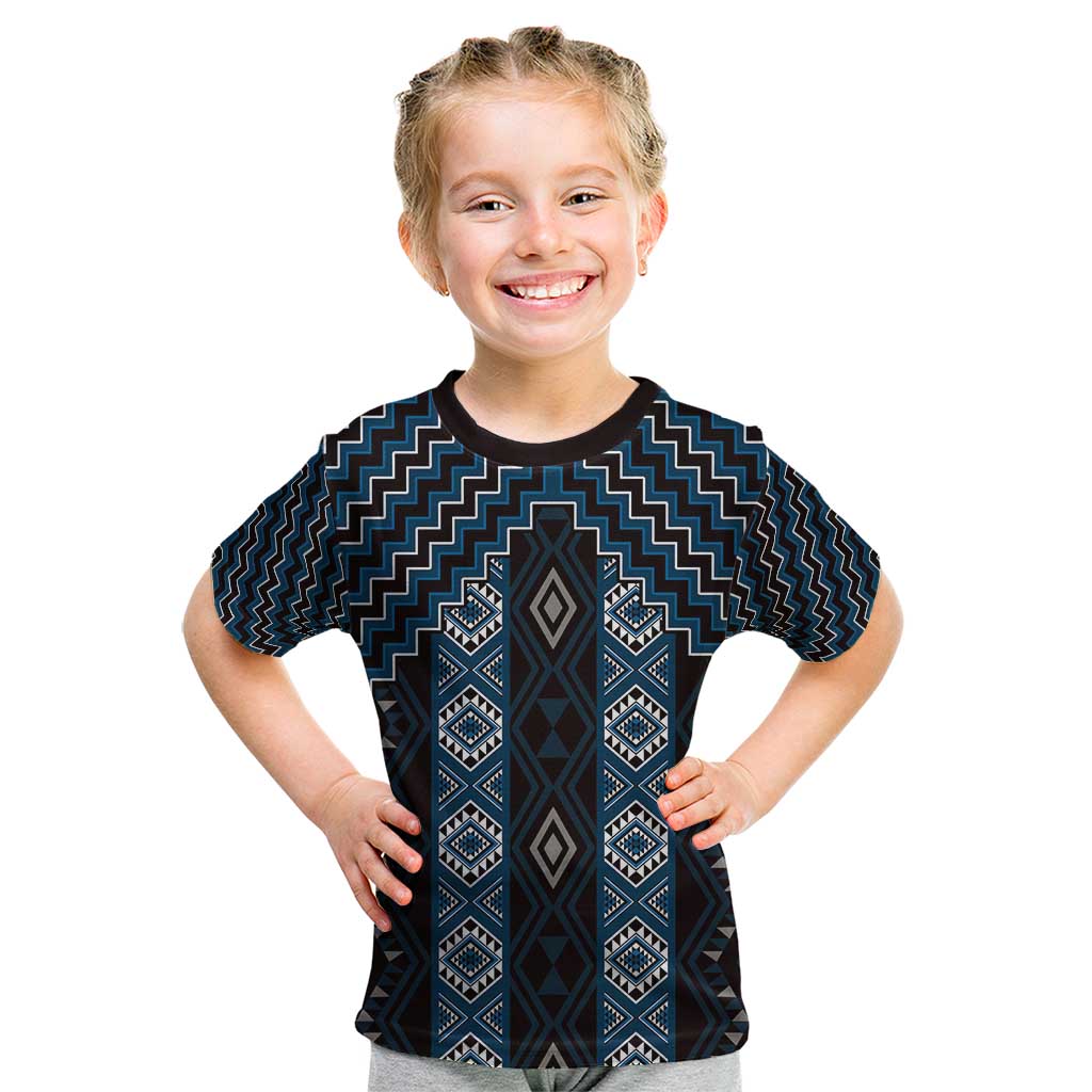 New Zealand Aotearoa Kid T Shirt Blue Poutama With Taniko Pattern LT05