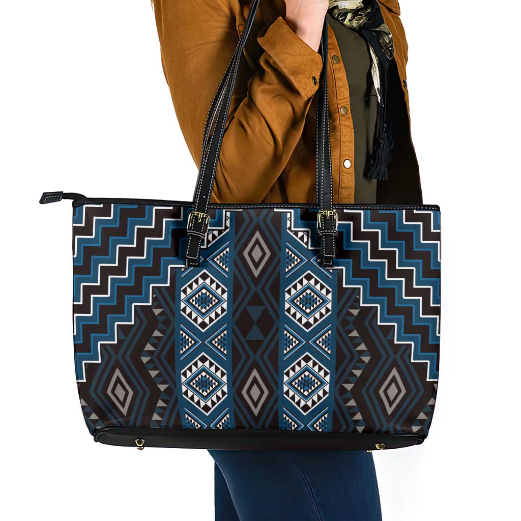New Zealand Aotearoa Leather Tote Bag Blue Poutama With Taniko Pattern LT05 - Polynesian Pride