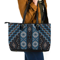 New Zealand Aotearoa Leather Tote Bag Blue Poutama With Taniko Pattern LT05 - Polynesian Pride