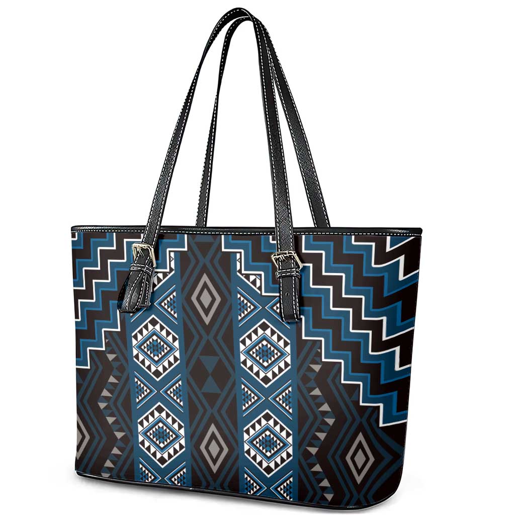 New Zealand Aotearoa Leather Tote Bag Blue Poutama With Taniko Pattern LT05 - Polynesian Pride