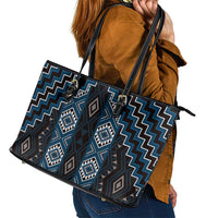 New Zealand Aotearoa Leather Tote Bag Blue Poutama With Taniko Pattern LT05 - Polynesian Pride
