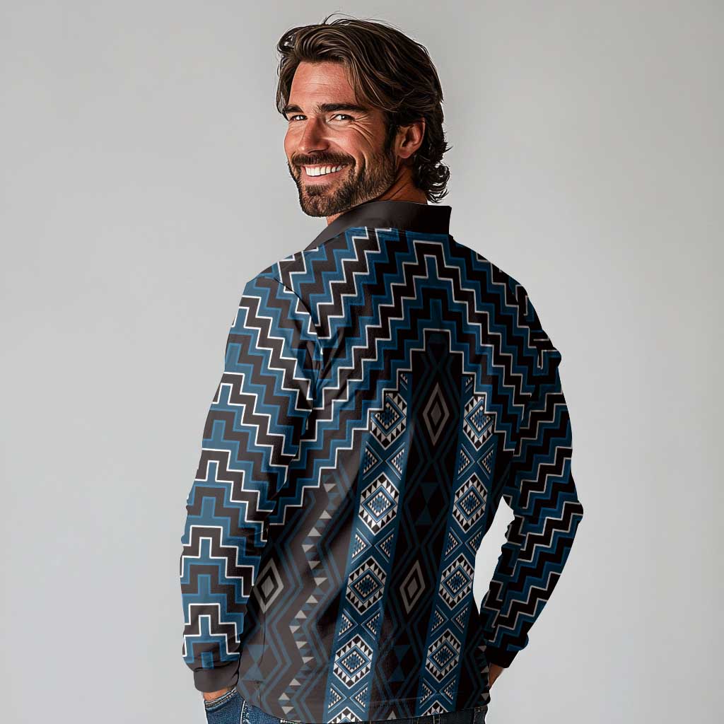 New Zealand Aotearoa Long Sleeve Polo Shirt Blue Poutama With Taniko Pattern LT05