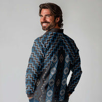 New Zealand Aotearoa Long Sleeve Polo Shirt Blue Poutama With Taniko Pattern LT05