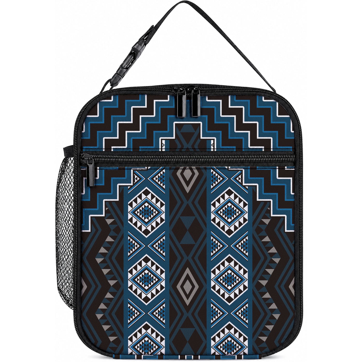 New Zealand Aotearoa Lunch Bag Blue Poutama With Taniko Pattern LT05 10.2 × 8.3 × 4.3 inch Blue - Polynesian Pride