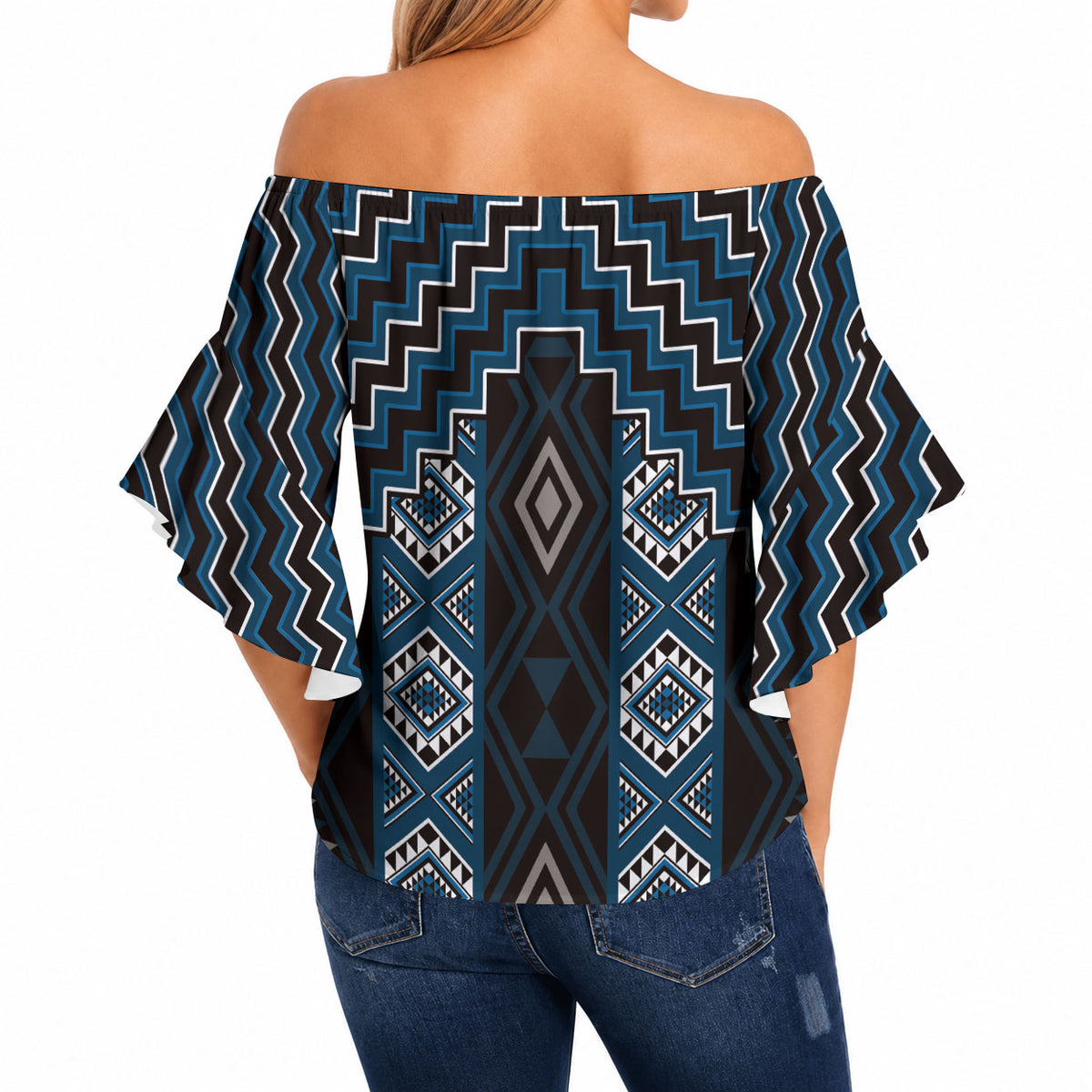 New Zealand Aotearoa Off Shoulder Wrap Waist Top Blue Poutama With Taniko Pattern LT05 - Polynesian Pride
