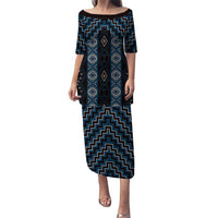 New Zealand Aotearoa Puletasi Blue Poutama With Taniko Pattern LT05 Long Dress Blue - Polynesian Pride