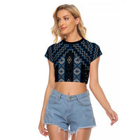 New Zealand Aotearoa Raglan Cropped T Shirt Blue Poutama With Taniko Pattern LT05