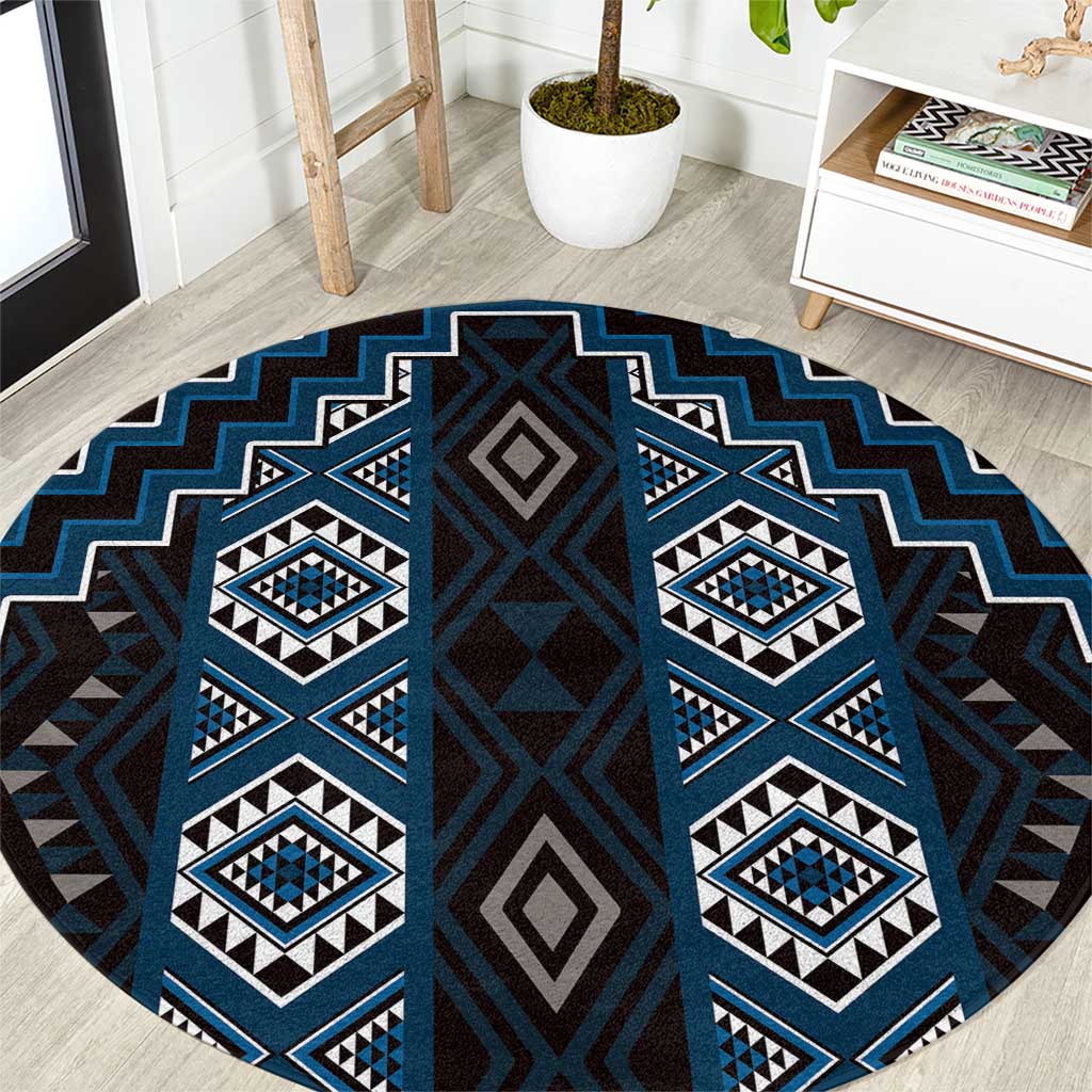 New Zealand Aotearoa Round Carpet Blue Poutama With Taniko Pattern LT05