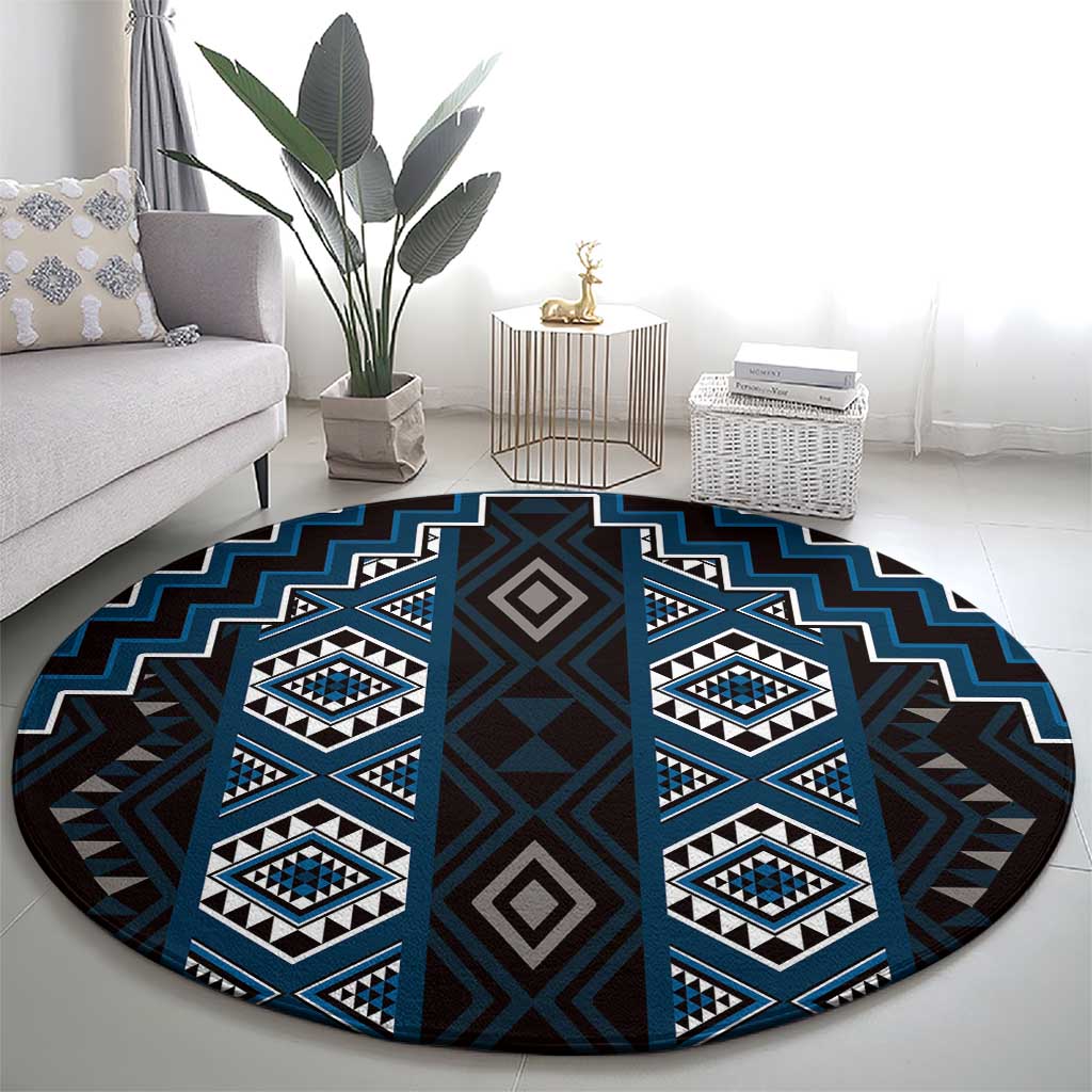 New Zealand Aotearoa Round Carpet Blue Poutama With Taniko Pattern LT05