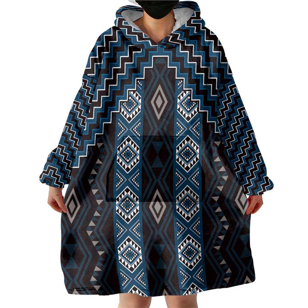 New Zealand Aotearoa Wearable Blanket Hoodie Blue Poutama With Taniko Pattern LT05 - Polynesian Pride