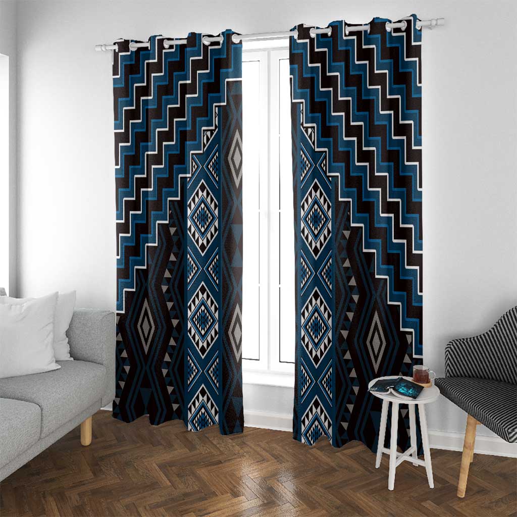 New Zealand Aotearoa Window Curtain Blue Poutama With Taniko Pattern LT05 With Grommets Blue - Polynesian Pride
