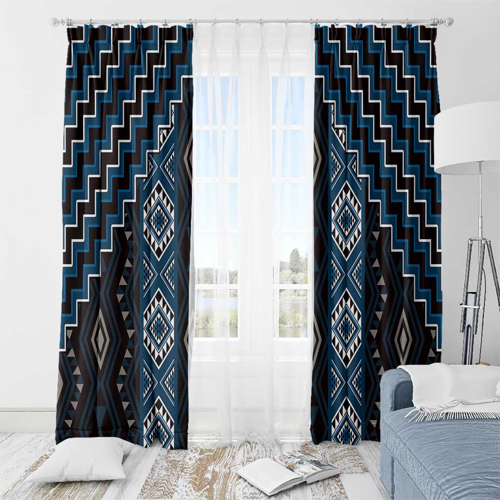 New Zealand Aotearoa Window Curtain Blue Poutama With Taniko Pattern LT05 - Polynesian Pride