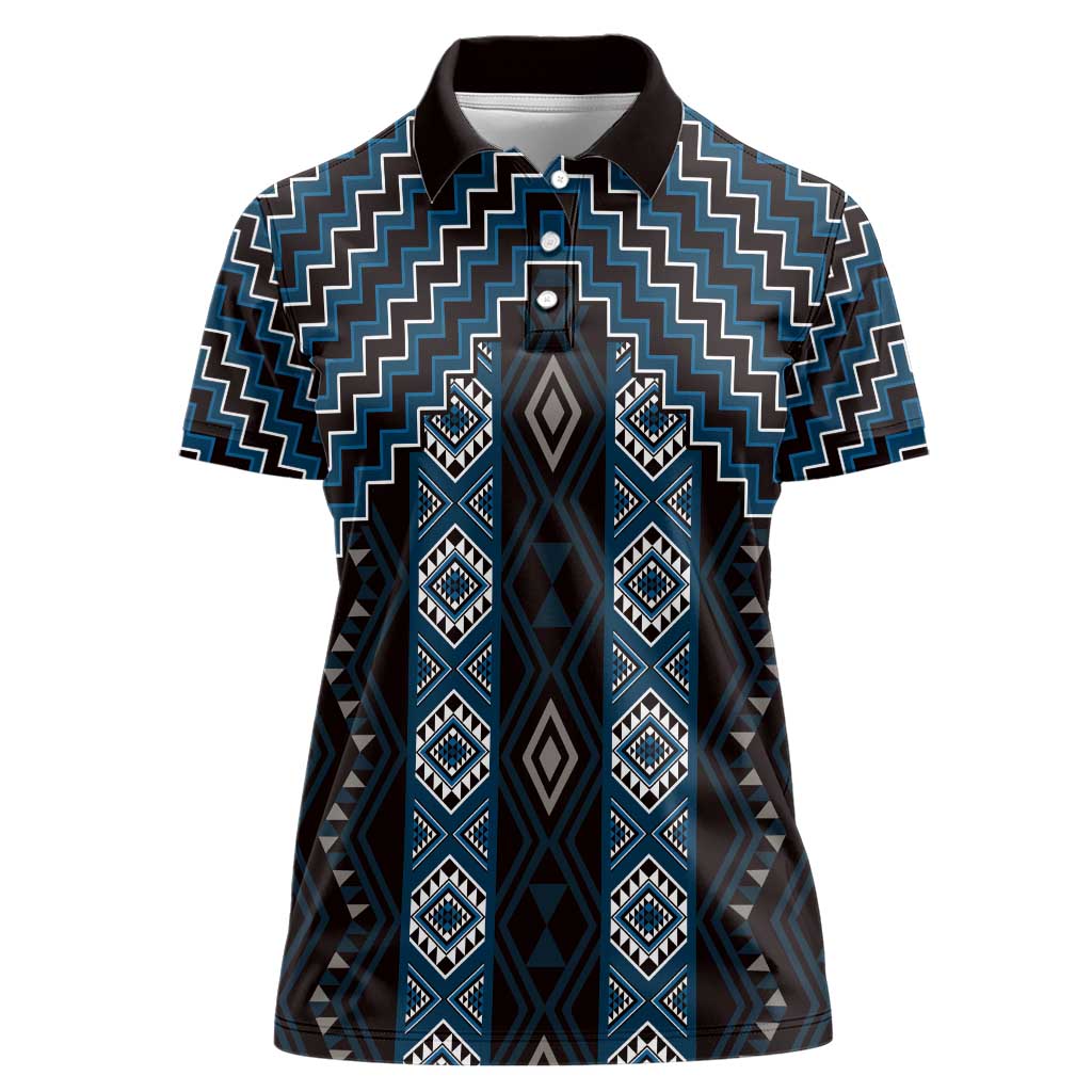 New Zealand Aotearoa Women Polo Shirt Blue Poutama With Taniko Pattern LT05