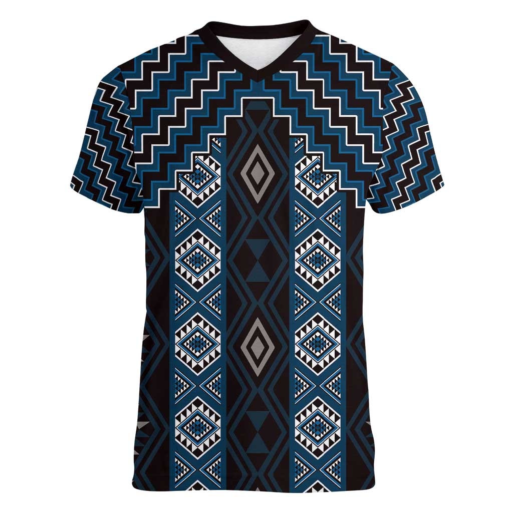 New Zealand Aotearoa Women V-Neck T-Shirt Blue Poutama With Taniko Pattern LT05 Female Blue - Polynesian Pride