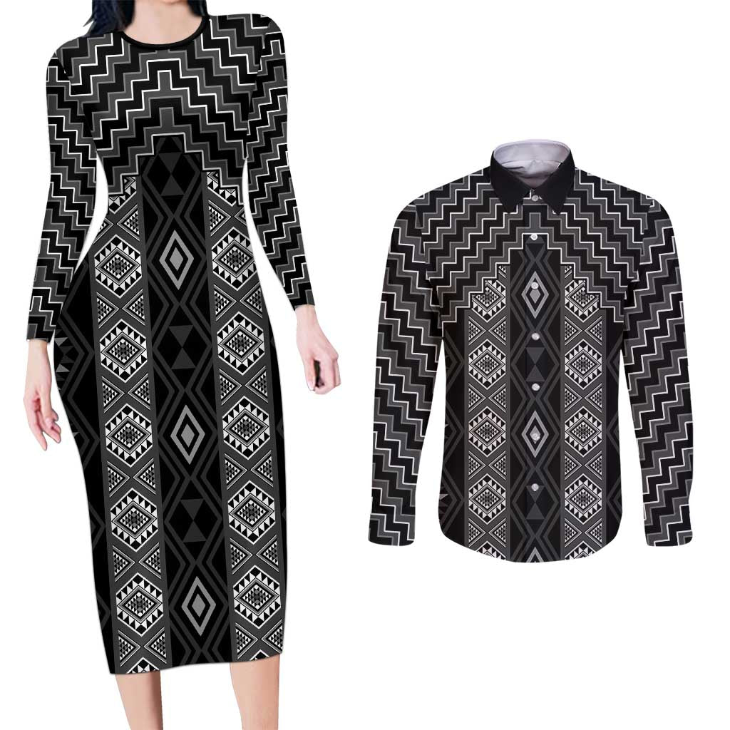 New Zealand Aotearoa Couples Matching Long Sleeve Bodycon Dress and Long Sleeve Button Shirt Black Poutama With Taniko Pattern LT05 Black - Polynesian Pride