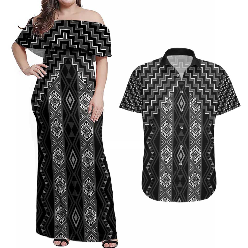 New Zealand Aotearoa Couples Matching Off Shoulder Maxi Dress and Hawaiian Shirt Black Poutama With Taniko Pattern LT05