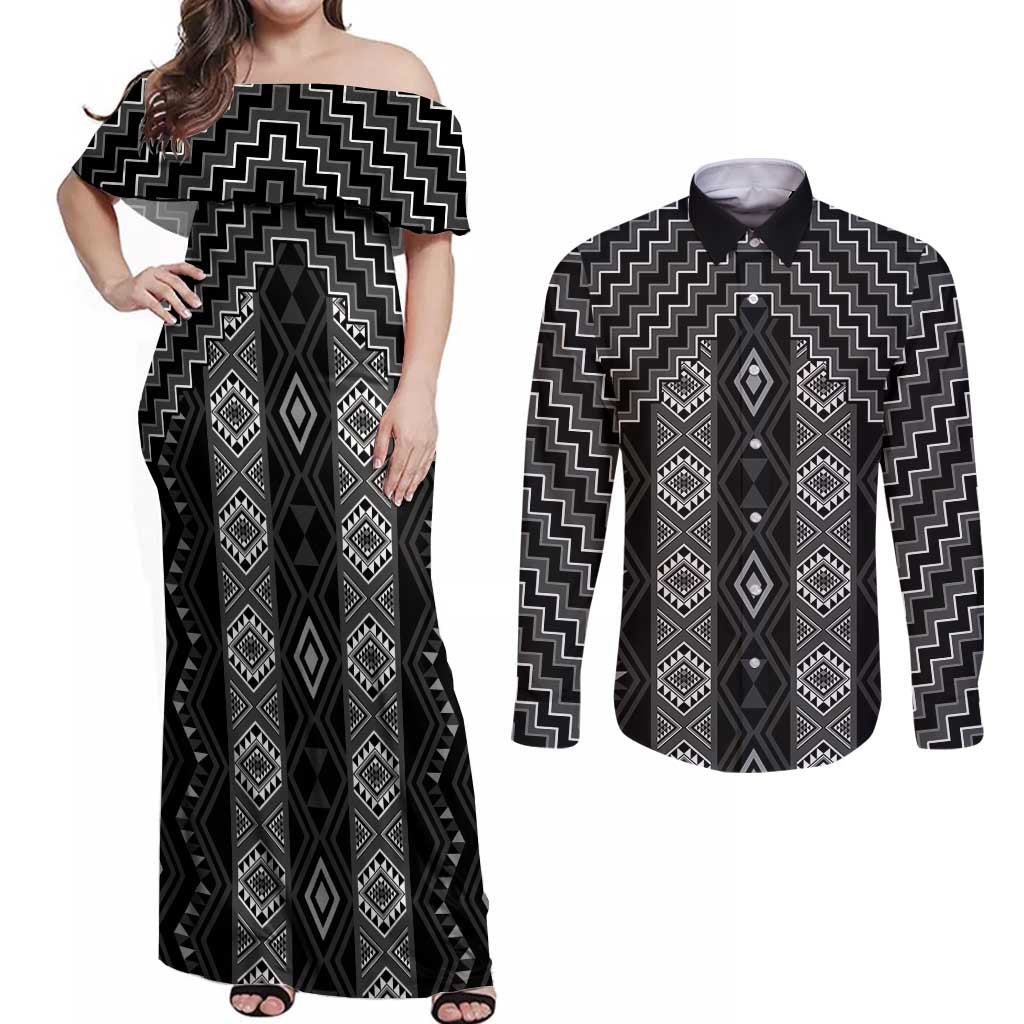 New Zealand Aotearoa Couples Matching Off Shoulder Maxi Dress and Long Sleeve Button Shirt Black Poutama With Taniko Pattern LT05 Black - Polynesian Pride