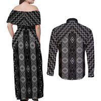 New Zealand Aotearoa Couples Matching Off Shoulder Maxi Dress and Long Sleeve Button Shirt Black Poutama With Taniko Pattern LT05 - Polynesian Pride