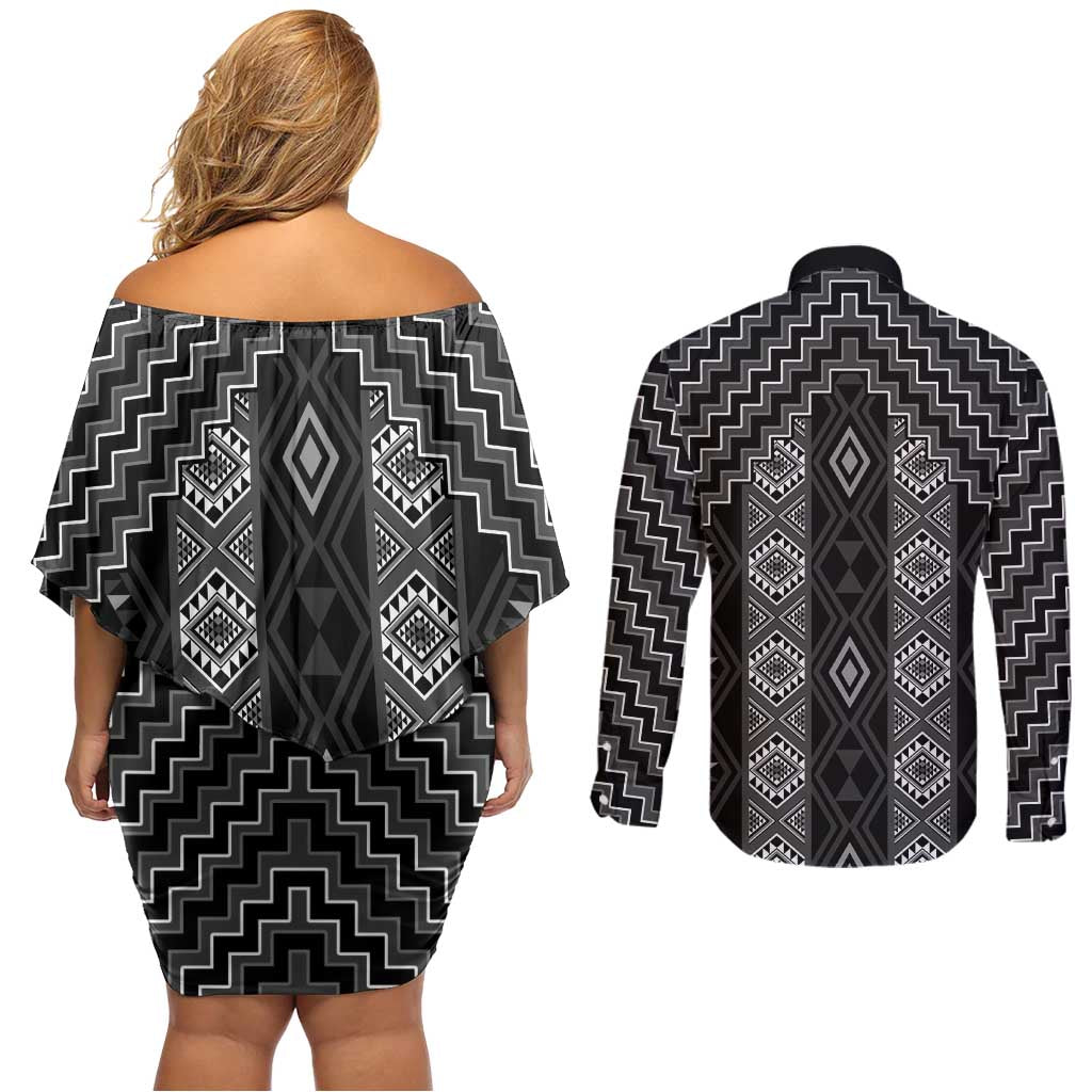 New Zealand Aotearoa Couples Matching Off Shoulder Short Dress and Long Sleeve Button Shirt Black Poutama With Taniko Pattern LT05 - Polynesian Pride