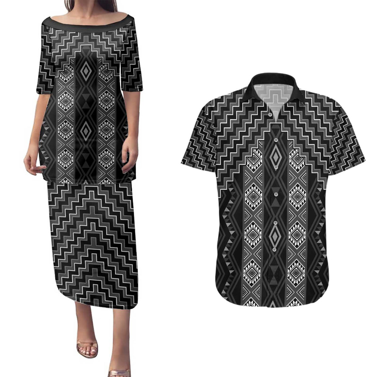New Zealand Aotearoa Couples Matching Puletasi and Hawaiian Shirt Black Poutama With Taniko Pattern LT05 Black - Polynesian Pride